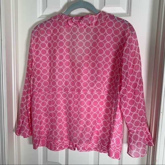 i.e. feminine y2k pink silk blouse with ruffle scoop neckline and bell sleeves L - Picture 5 of 9